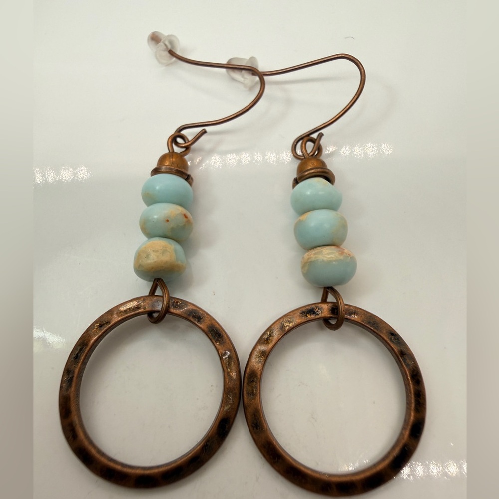Rustic Copper Hoop Dangle Earrings Turquoise Beads Boho Artisan